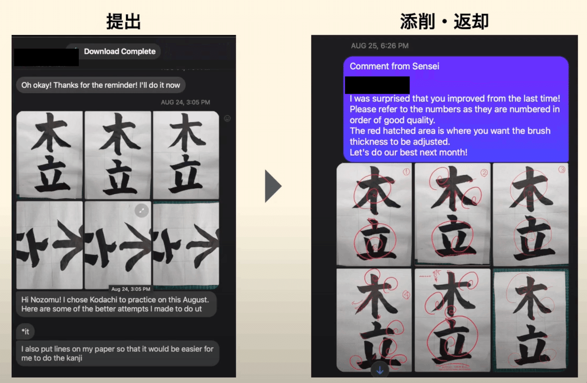 海外向け書道レッスンプロジェクトの提出・添削の様子